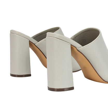 Stone - Back - XY London Womens-Ladies Square Toe High Block Heel Mule Sandals