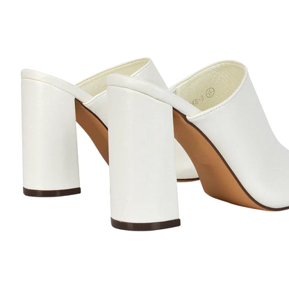 White - Back - XY London Womens-Ladies Square Toe High Block Heel Mule Sandals