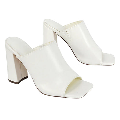 White - Front - XY London Womens-Ladies Square Toe High Block Heel Mule Sandals