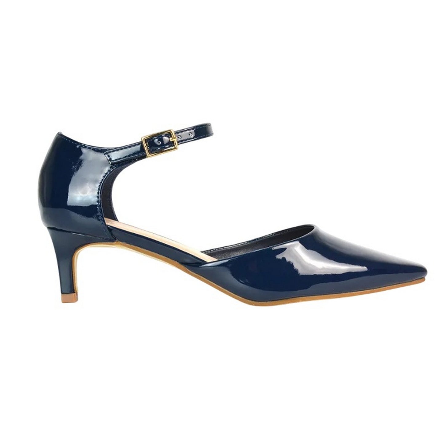 Navy - Side - XY London Womens-Ladies Kacey Patent Ankle Strap Low Kitten Heel Sandals