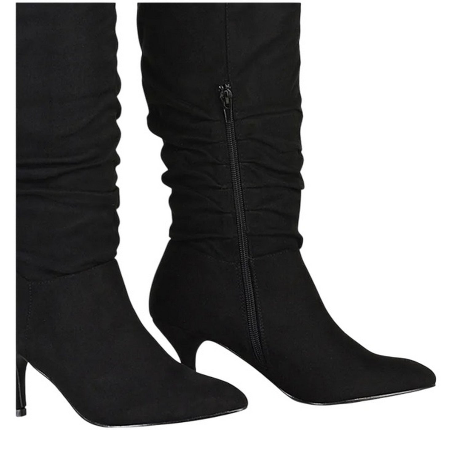 True Black - Pack Shot - XY London Womens-Ladies Sian Ruched Pointed Mid Stiletto Knee-High Boots