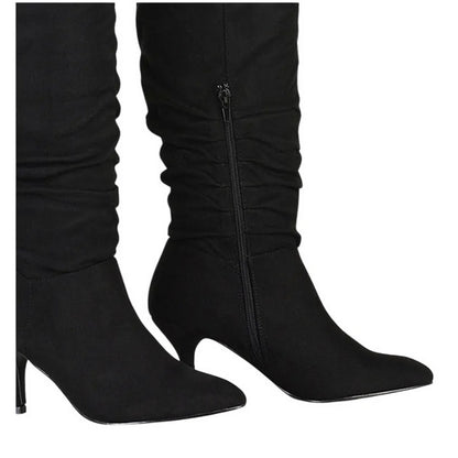 True Black - Pack Shot - XY London Womens-Ladies Sian Ruched Pointed Mid Stiletto Knee-High Boots