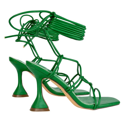 Green - Back - XY London Womens-Ladies Briar Square Toe Lace Up Sculptured Mid Heel Sandals
