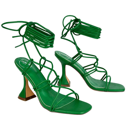 Green - Front - XY London Womens-Ladies Briar Square Toe Lace Up Sculptured Mid Heel Sandals