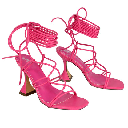 Fuchsia - Front - XY London Womens-Ladies Briar Square Toe Lace Up Sculptured Mid Heel Sandals
