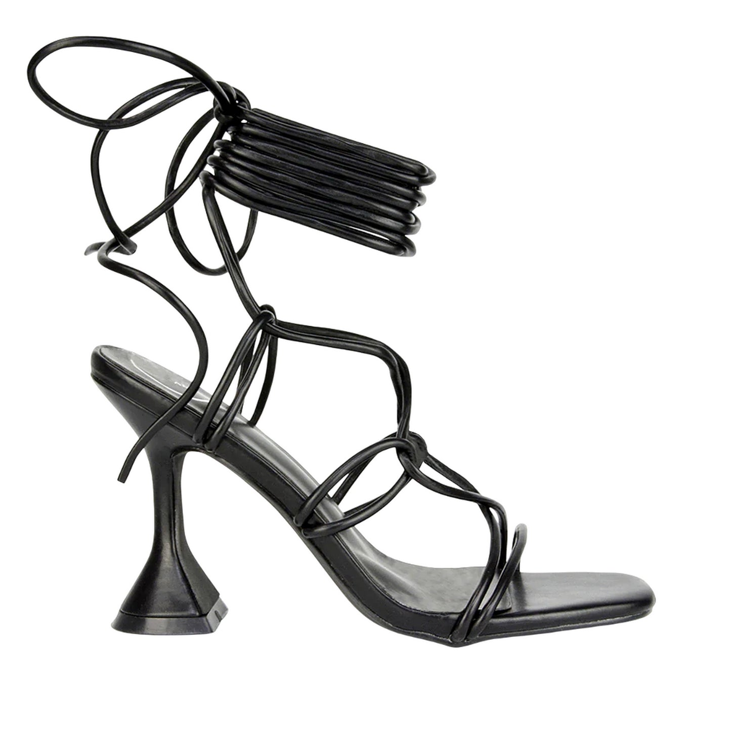 Black - Side - XY London Womens-Ladies Briar Square Toe Lace Up Sculptured Mid Heel Sandals