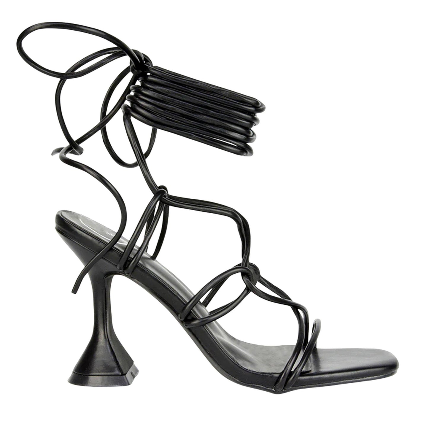 Black - Side - XY London Womens-Ladies Briar Square Toe Lace Up Sculptured Mid Heel Sandals