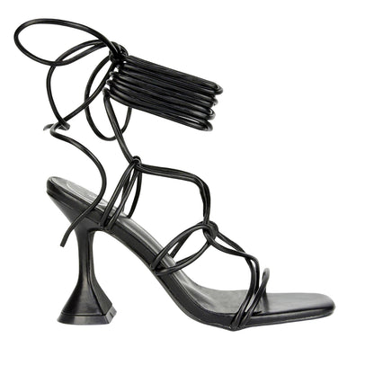 Black - Side - XY London Womens-Ladies Briar Square Toe Lace Up Sculptured Mid Heel Sandals