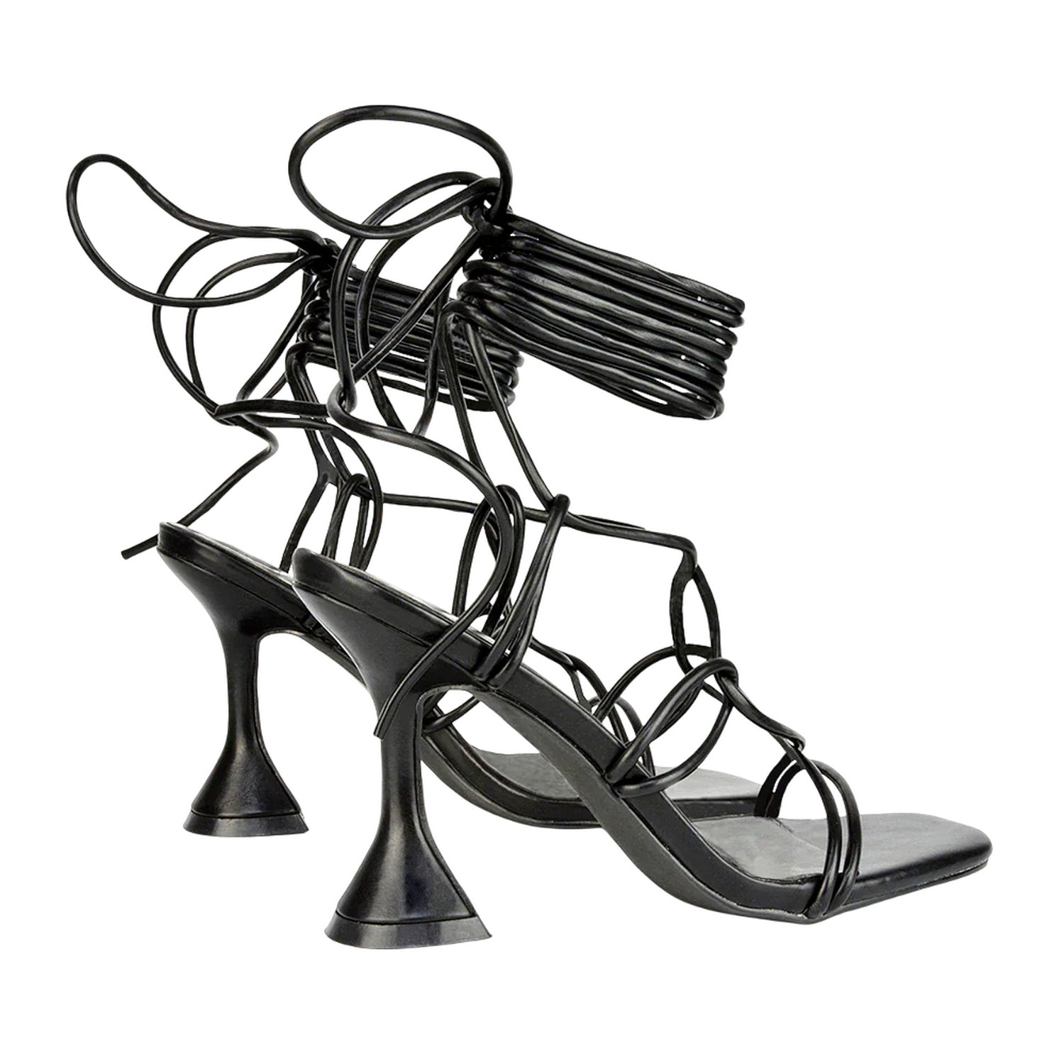 Black - Back - XY London Womens-Ladies Briar Square Toe Lace Up Sculptured Mid Heel Sandals