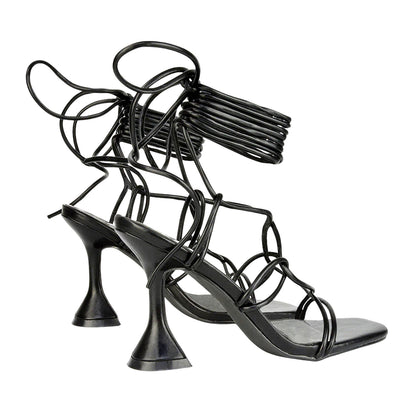 Black - Back - XY London Womens-Ladies Briar Square Toe Lace Up Sculptured Mid Heel Sandals