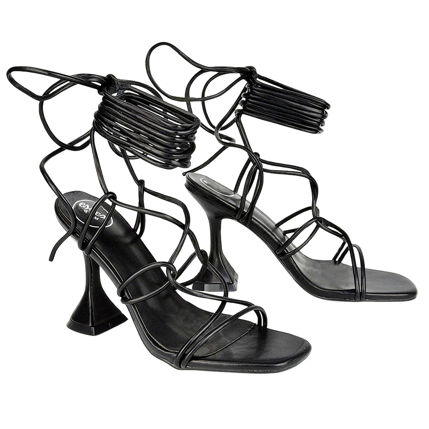 Black - Front - XY London Womens-Ladies Briar Square Toe Lace Up Sculptured Mid Heel Sandals