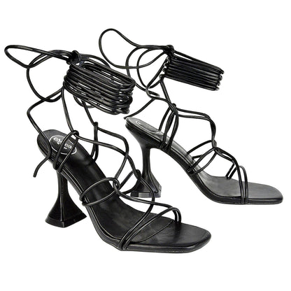 Black - Front - XY London Womens-Ladies Briar Square Toe Lace Up Sculptured Mid Heel Sandals