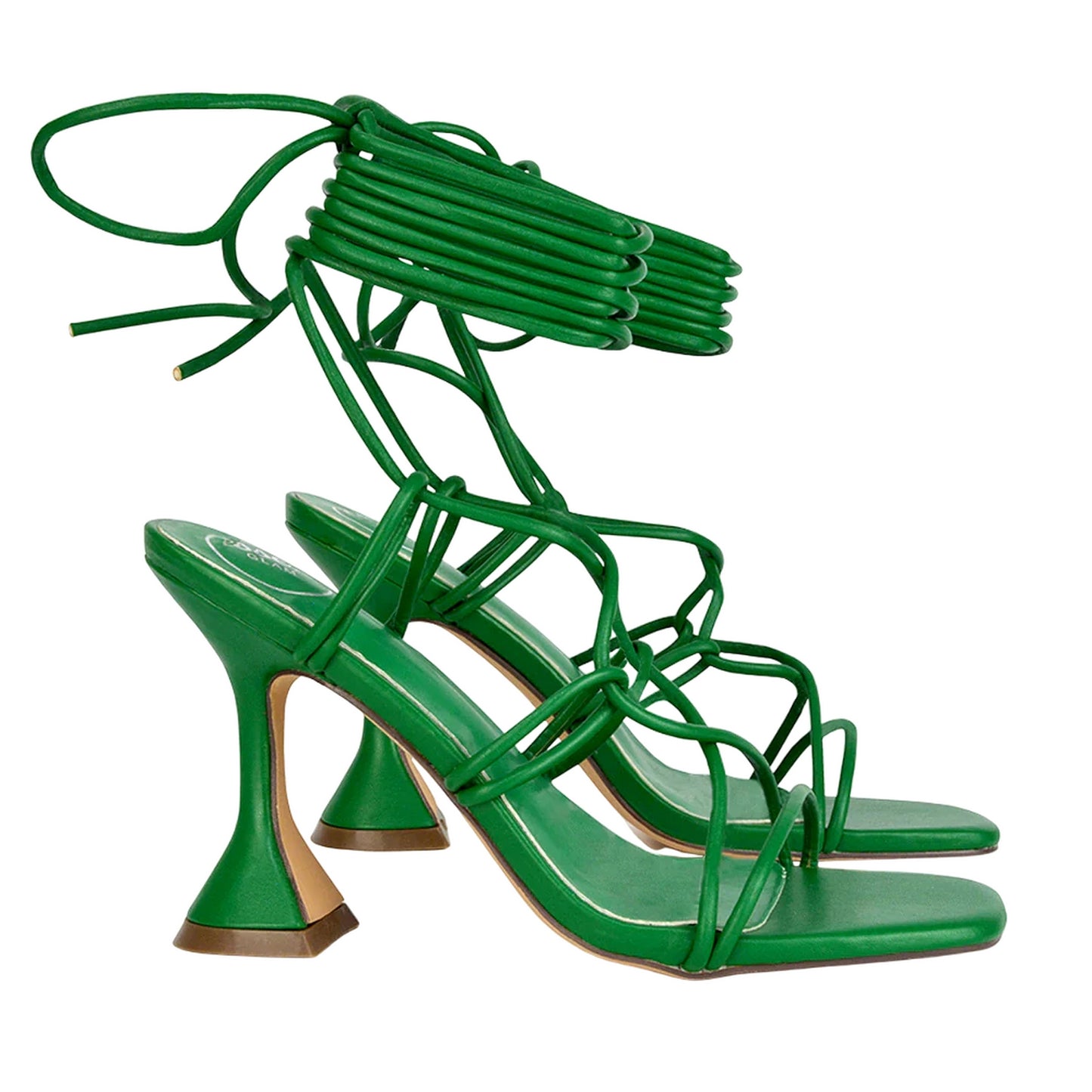 Green - Lifestyle - XY London Womens-Ladies Briar Square Toe Lace Up Sculptured Mid Heel Sandals