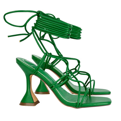 Green - Lifestyle - XY London Womens-Ladies Briar Square Toe Lace Up Sculptured Mid Heel Sandals