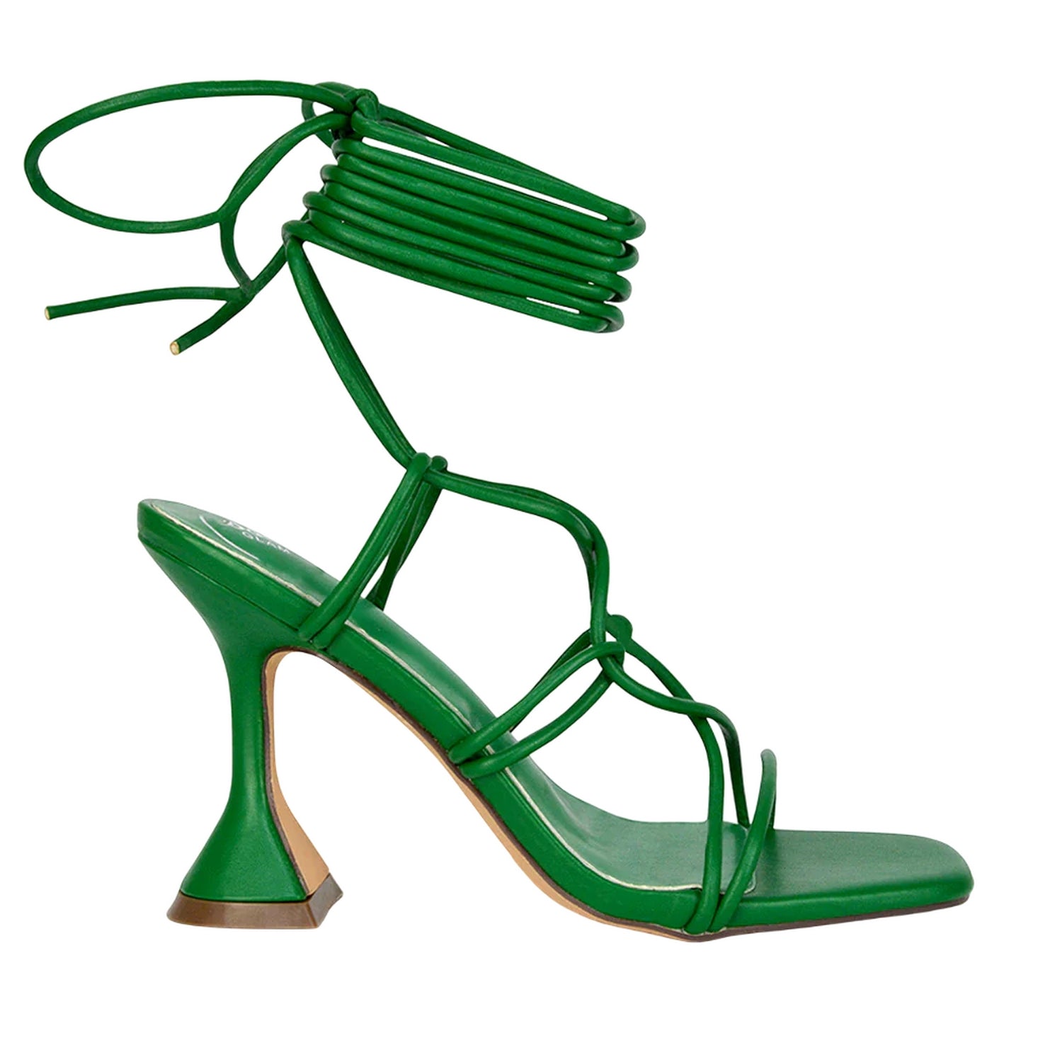 Green - Side - XY London Womens-Ladies Briar Square Toe Lace Up Sculptured Mid Heel Sandals