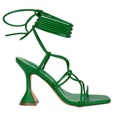 Green - Side - XY London Womens-Ladies Briar Square Toe Lace Up Sculptured Mid Heel Sandals