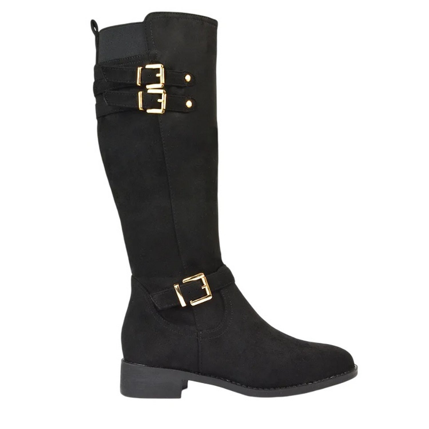 Jet Black - Lifestyle - XY London Womens-Ladies Amy Buckle Knee-High Elasticated Flat Biker Boots