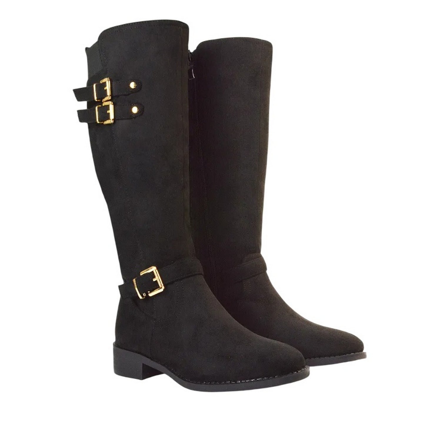 Jet Black - Front - XY London Womens-Ladies Amy Buckle Knee-High Elasticated Flat Biker Boots