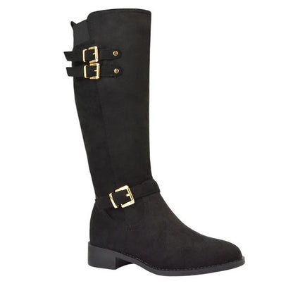 Jet Black - Side - XY London Womens-Ladies Amy Buckle Knee-High Elasticated Flat Biker Boots