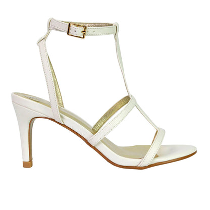 White - Side - XY London Womens-Ladies Beaux Caged Cut Out Ankle Strap Mid Stiletto Sandals