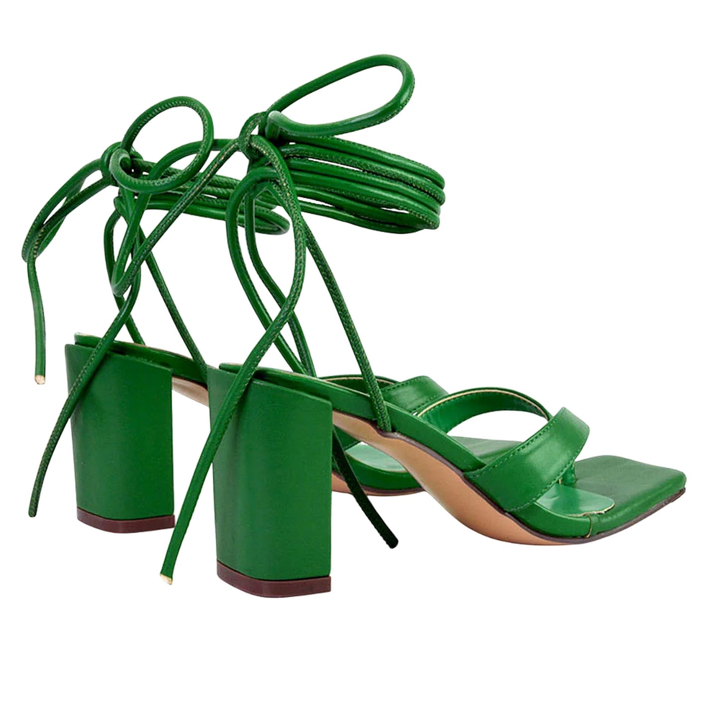 Green - Back - XY London Womens-Ladies Kiko Square Toe Lace Up Mid Block Heel Sandals