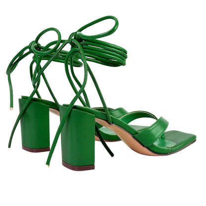 Green - Back - XY London Womens-Ladies Kiko Square Toe Lace Up Mid Block Heel Sandals