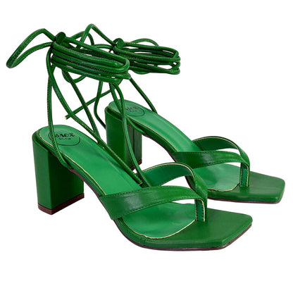 Green - Front - XY London Womens-Ladies Kiko Square Toe Lace Up Mid Block Heel Sandals