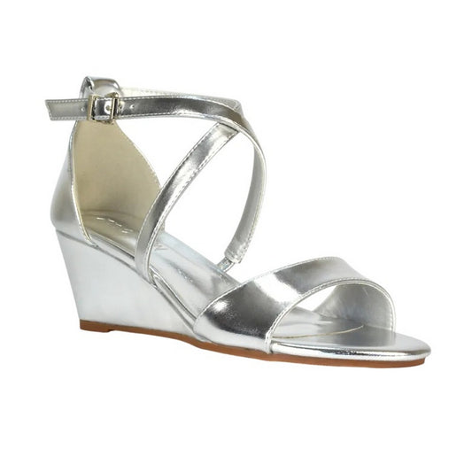Metallic Silver - Front - XY London Womens-Ladies Kylie Metallic Strappy Low Wedge Sandals