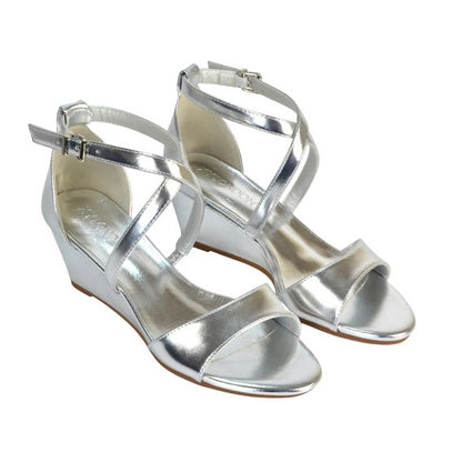 Metallic Silver - Pack Shot - XY London Womens-Ladies Kylie Metallic Strappy Low Wedge Sandals