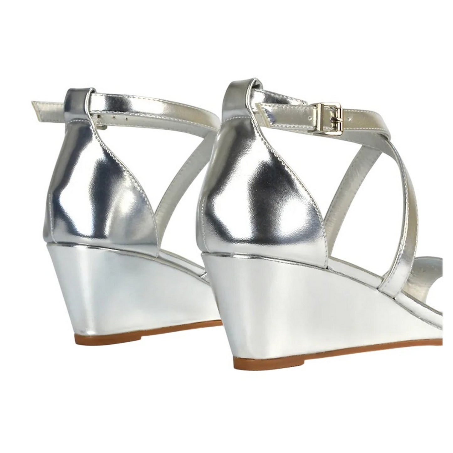 Metallic Silver - Back - XY London Womens-Ladies Kylie Metallic Strappy Low Wedge Sandals