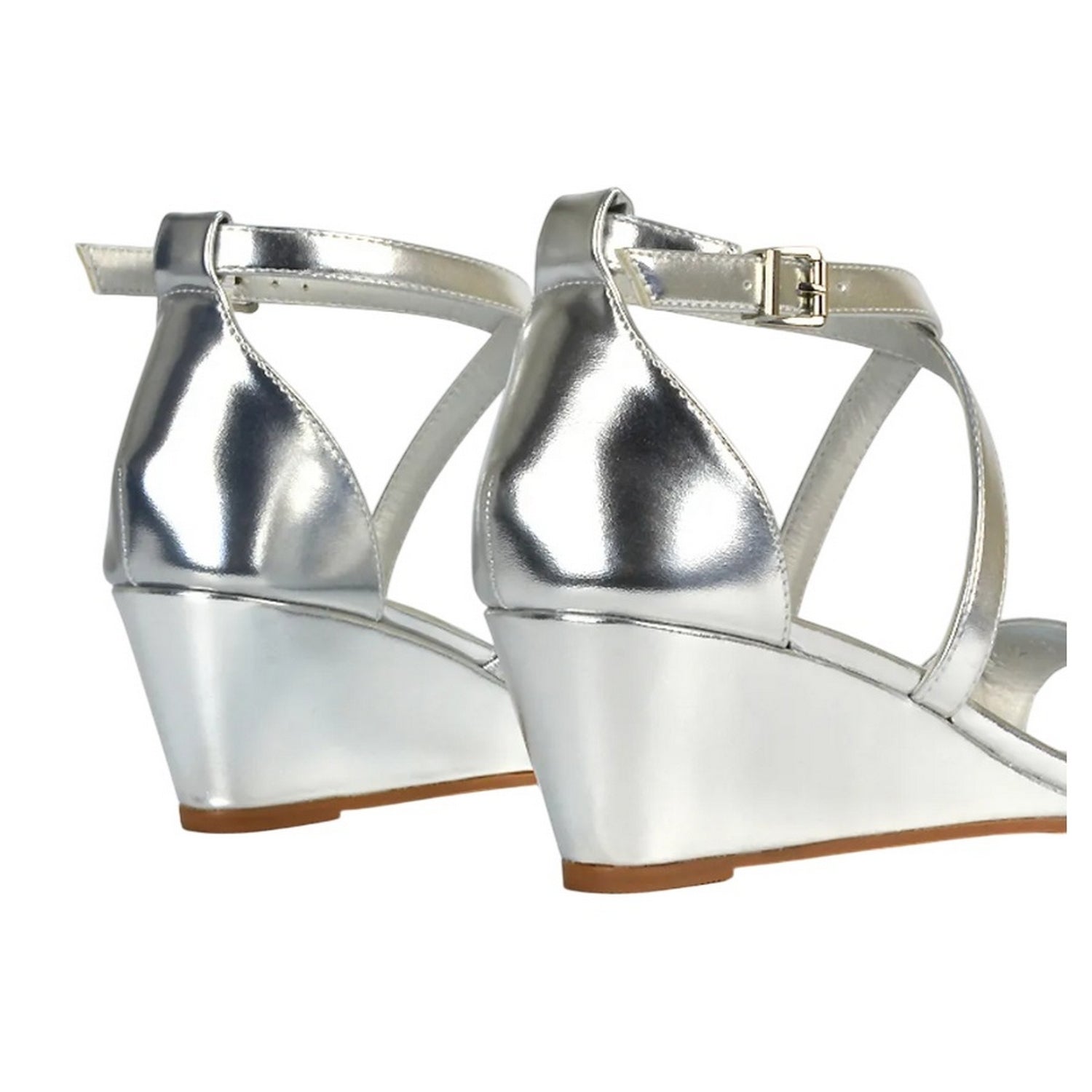 Metallic Silver - Back - XY London Womens-Ladies Kylie Metallic Strappy Low Wedge Sandals