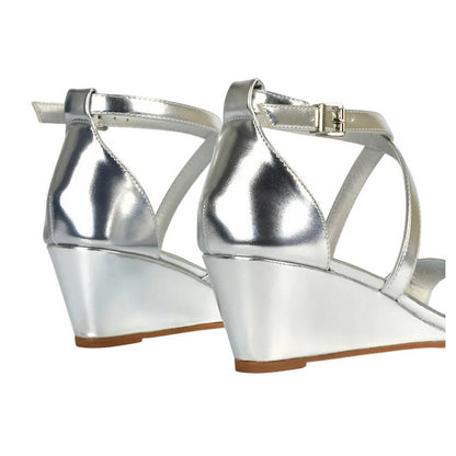 Metallic Silver - Back - XY London Womens-Ladies Kylie Metallic Strappy Low Wedge Sandals