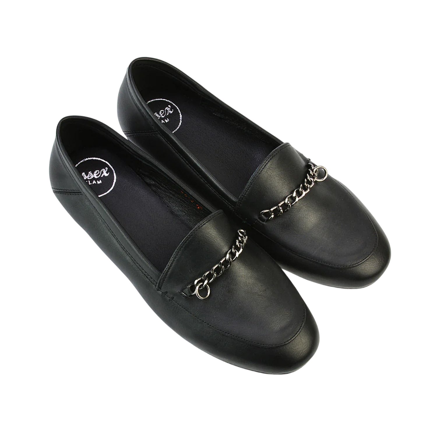 Black - Pack Shot - XY London Womens-Ladies Tessah Chain Detail Flat Loafers