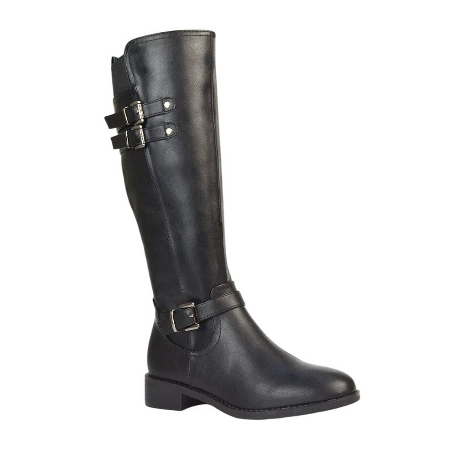 Black - Lifestyle - XY London Womens-Ladies Amy Buckle Knee-High Elasticated Flat Biker Boots