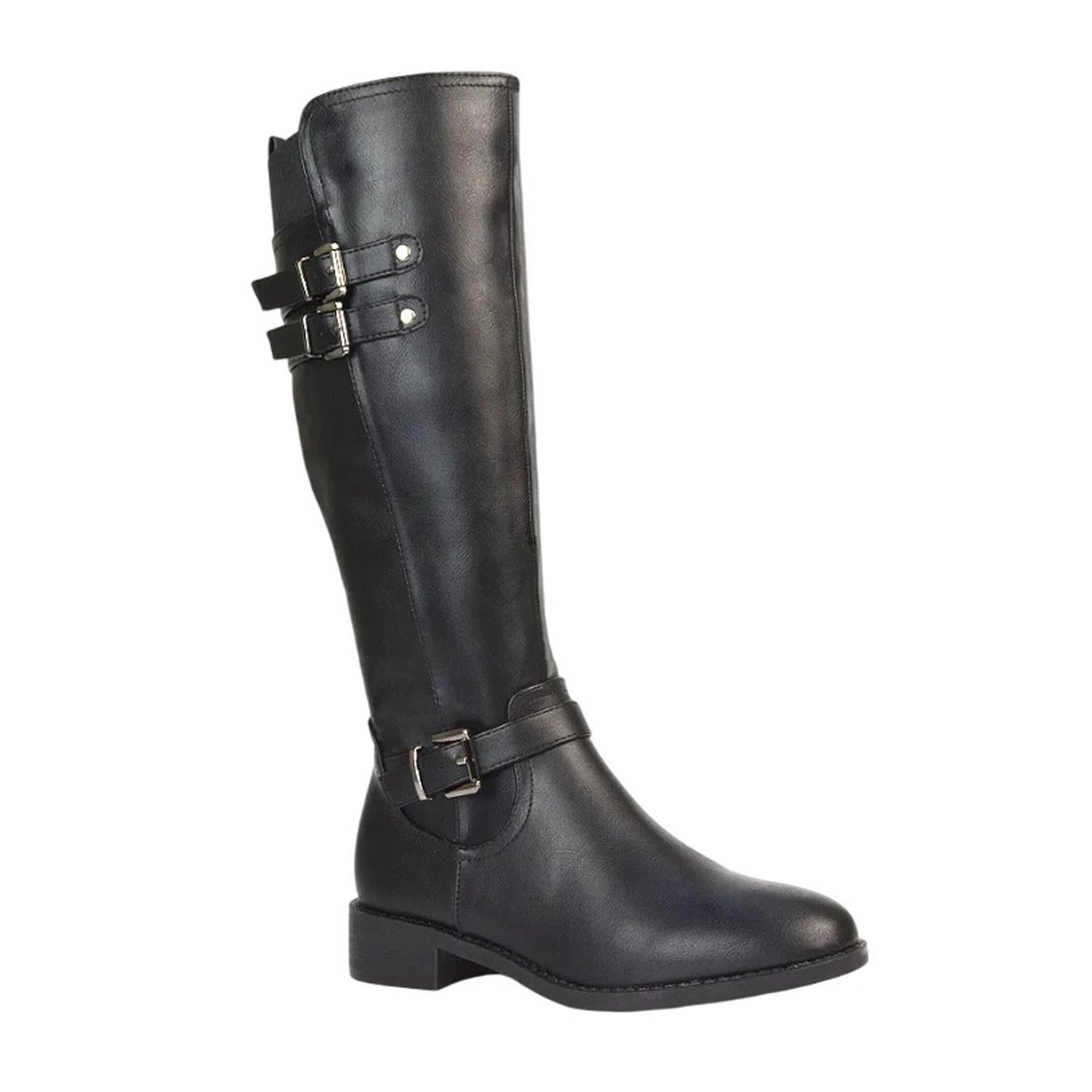 Black - Lifestyle - XY London Womens-Ladies Amy Buckle Knee-High Elasticated Flat Biker Boots
