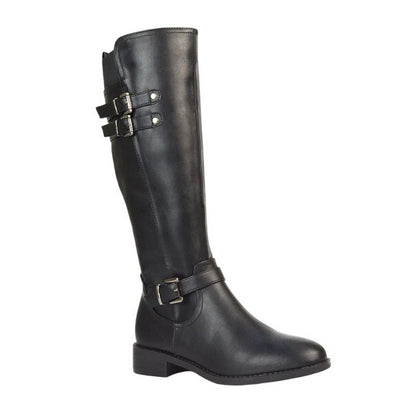 Black - Lifestyle - XY London Womens-Ladies Amy Buckle Knee-High Elasticated Flat Biker Boots