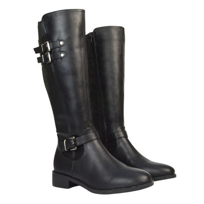 Black - Front - XY London Womens-Ladies Amy Buckle Knee-High Elasticated Flat Biker Boots
