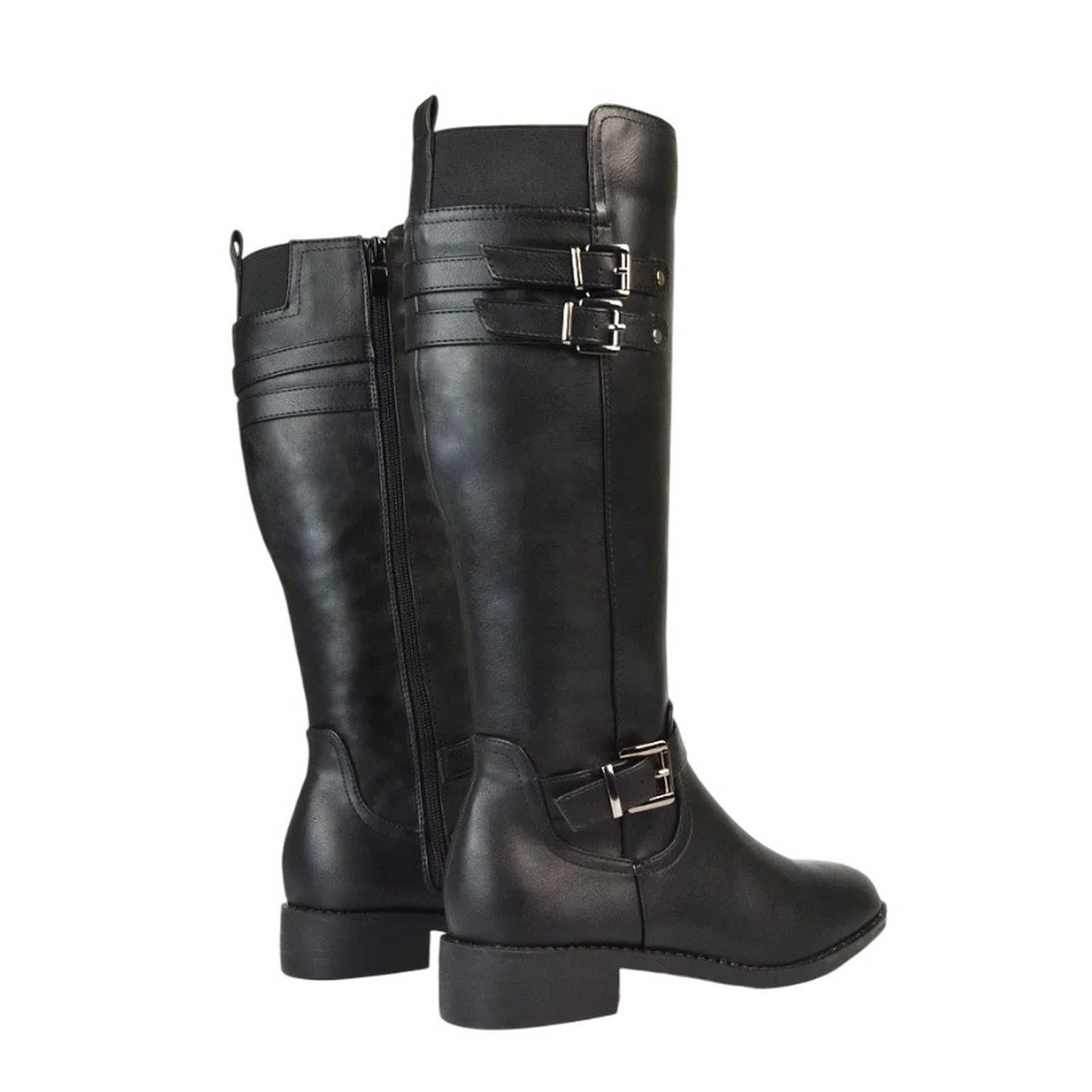 Black - Back - XY London Womens-Ladies Amy Buckle Knee-High Elasticated Flat Biker Boots