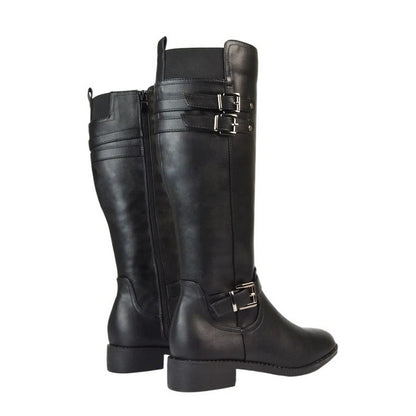 Black - Back - XY London Womens-Ladies Amy Buckle Knee-High Elasticated Flat Biker Boots