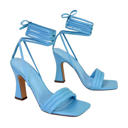 Blue - Front - XY London Womens-Ladies Zeta Square Toe Lace Up Mid Block Heel Sandals
