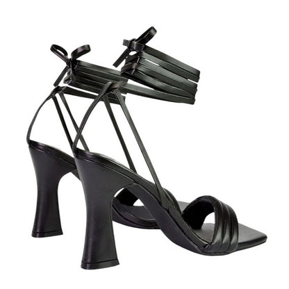 Black - Back - XY London Womens-Ladies Zeta Square Toe Lace Up Mid Block Heel Sandals