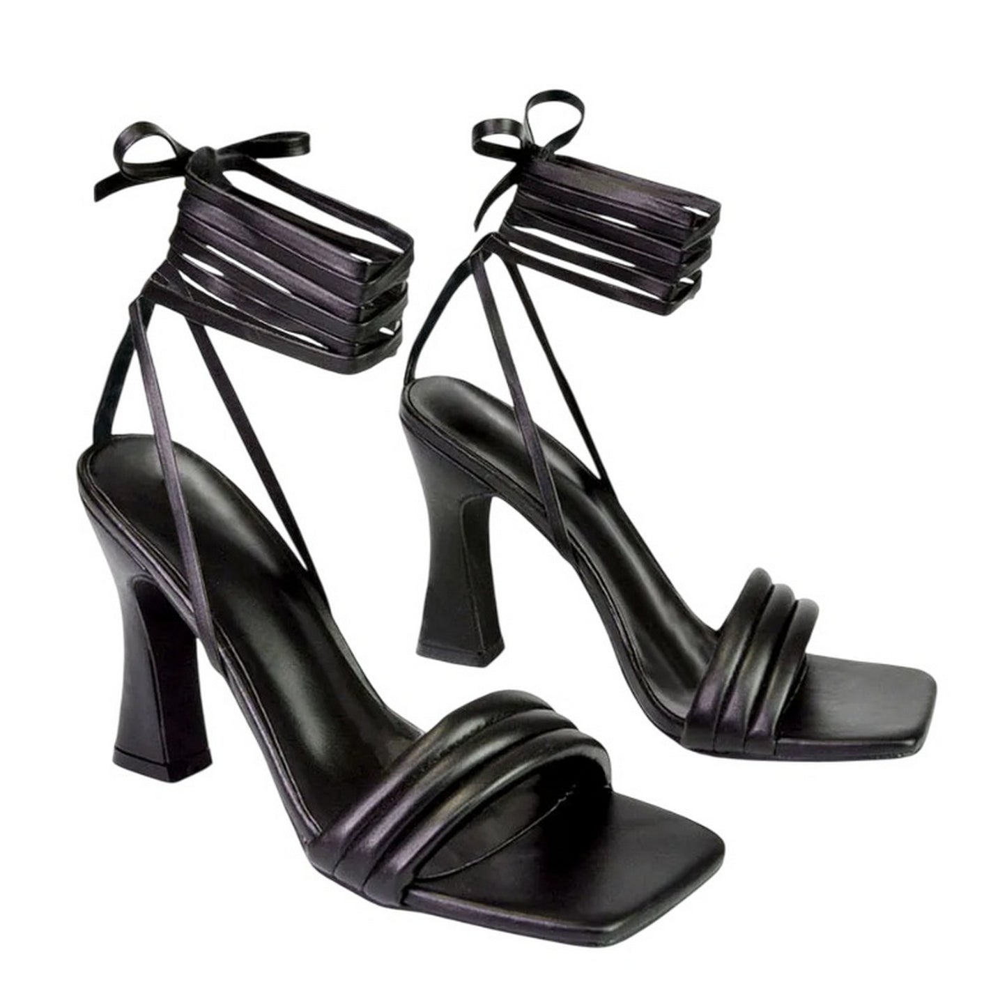 Black - Front - XY London Womens-Ladies Zeta Square Toe Lace Up Mid Block Heel Sandals