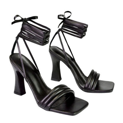 Black - Front - XY London Womens-Ladies Zeta Square Toe Lace Up Mid Block Heel Sandals