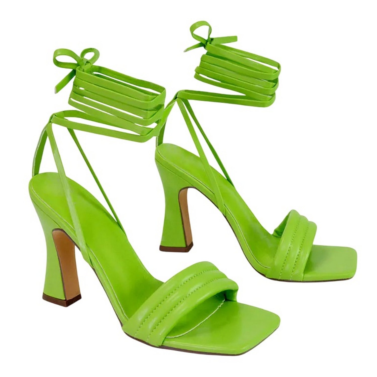 Green - Front - XY London Womens-Ladies Zeta Square Toe Lace Up Mid Block Heel Sandals