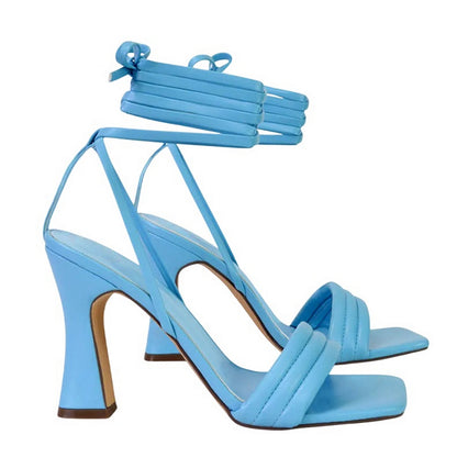 Blue - Lifestyle - XY London Womens-Ladies Zeta Square Toe Lace Up Mid Block Heel Sandals
