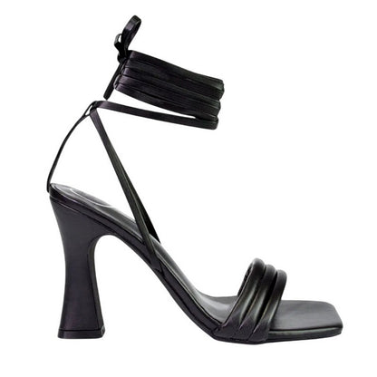 Black - Side - XY London Womens-Ladies Zeta Square Toe Lace Up Mid Block Heel Sandals