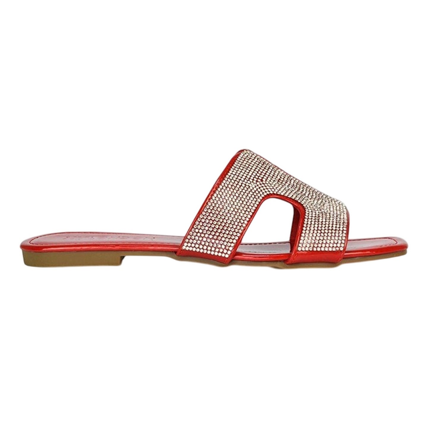 Red - Back - XY London Womens-Ladies Jamie Patent Diamante Slip-on Flat Sliders