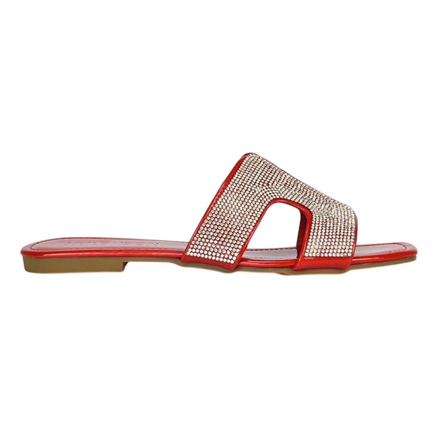 Red - Back - XY London Womens-Ladies Jamie Patent Diamante Slip-on Flat Sliders
