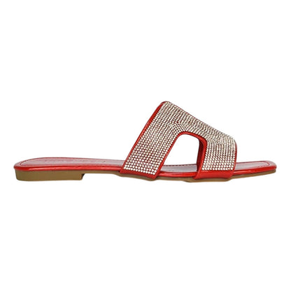 Red - Back - XY London Womens-Ladies Jamie Patent Diamante Slip-on Flat Sliders