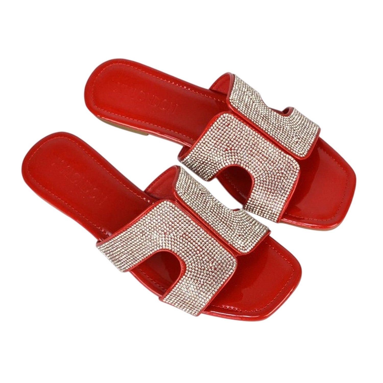 Red - Side - XY London Womens-Ladies Jamie Patent Diamante Slip-on Flat Sliders